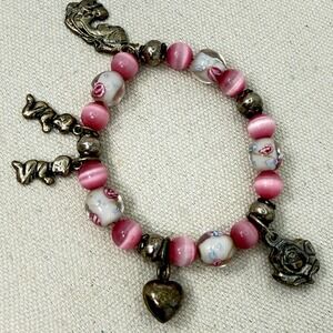Beaded Charm Bracelet Pink Cat Eye Lampwork Italy Sterling Silver Heart Spring